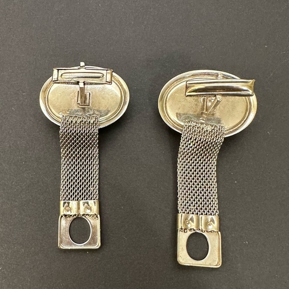 Vintage 1950s Handmade Agate Cuff Links Set Pair Silver Mesh Brown Stone Classic - Picture 4 of 8